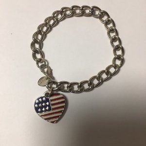 Silver Tone Link Bracelet with Heart Flag